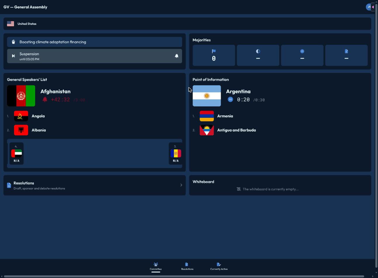 A participant's dashboard showing the General Speakers' List and Point of Information queue
