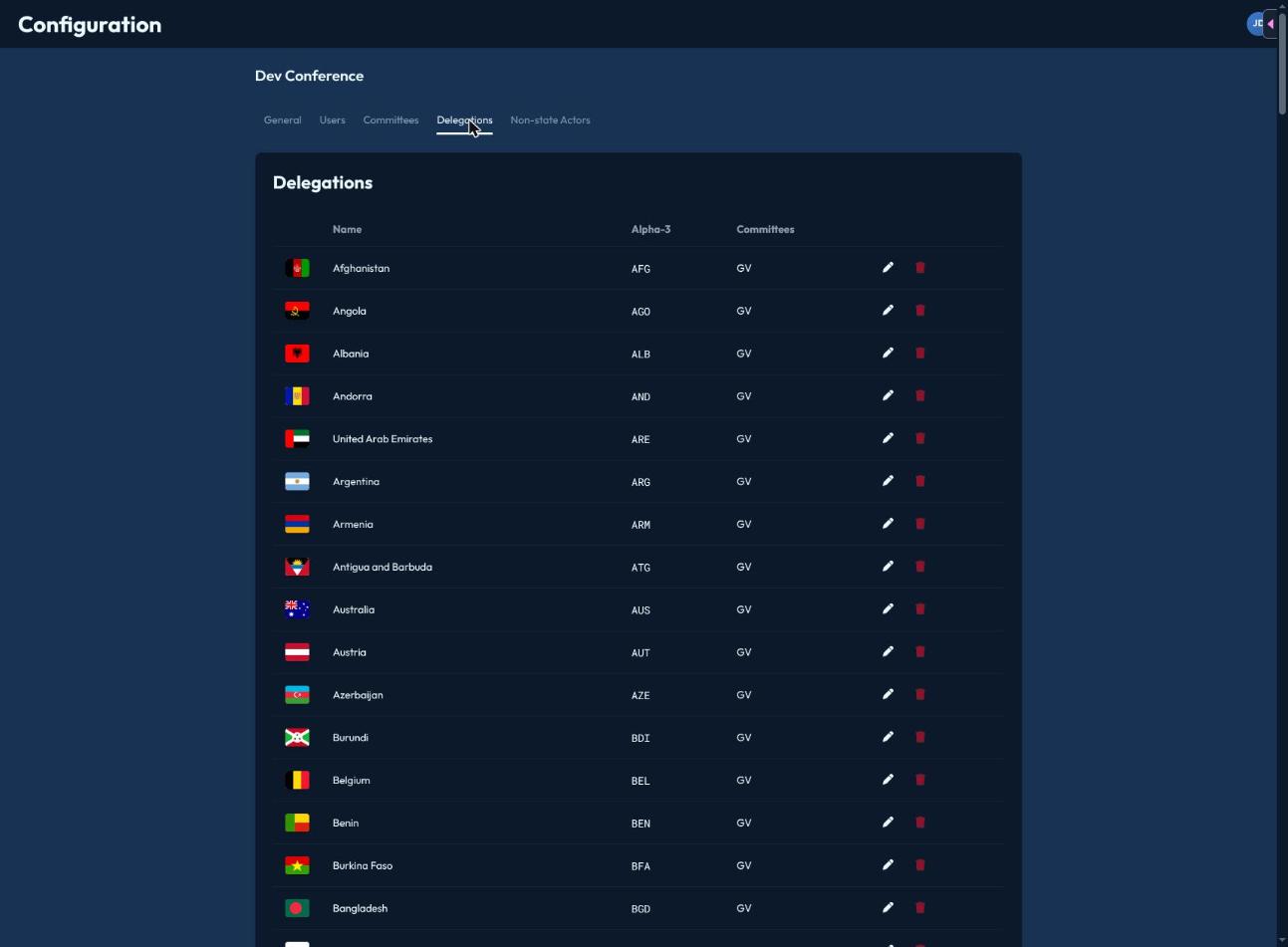 The Delegations tab, listing countries with flags, alpha-3 codes, and committee assignments