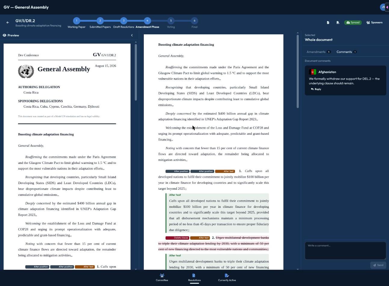 The collaborative resolution editor, showing the preview panel, operative clauses with inline amendments, and a comments panel