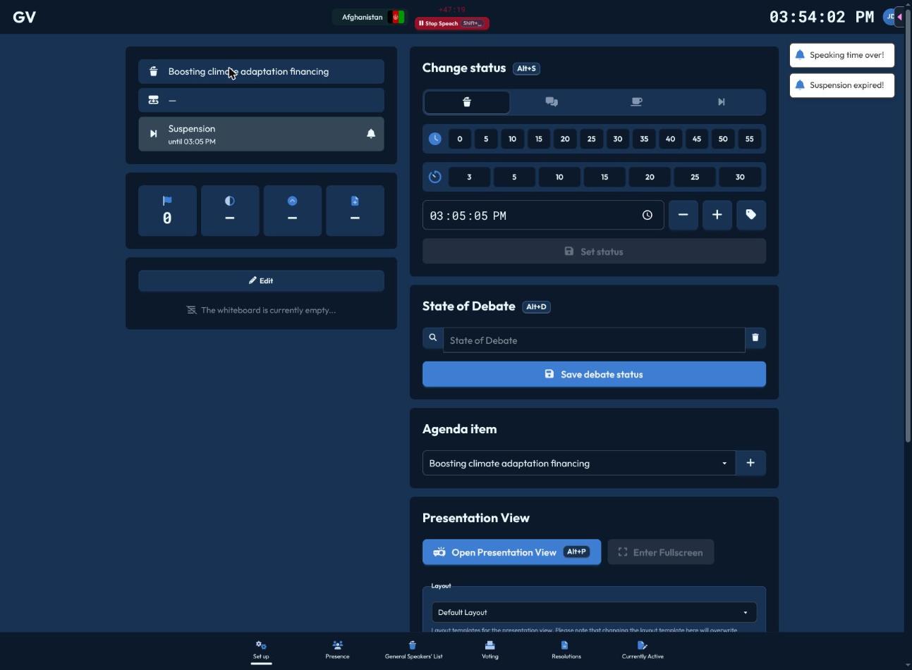 The Change Status panel, showing status tabs and quick time-pick grids