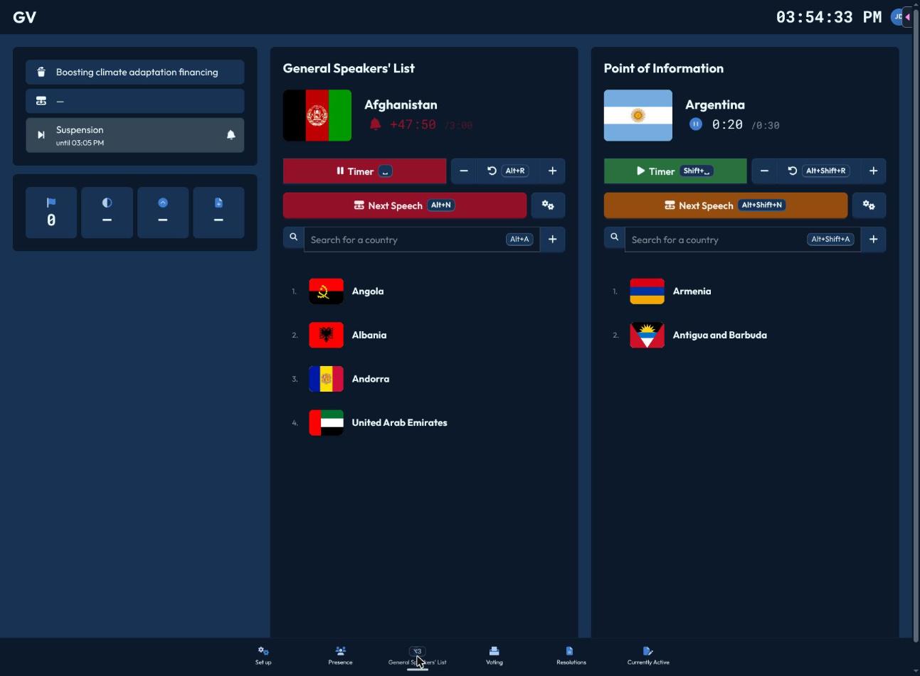 The chair speakers list page, showing timer controls, Next Speech, and search for both the general list and Point of Information queue