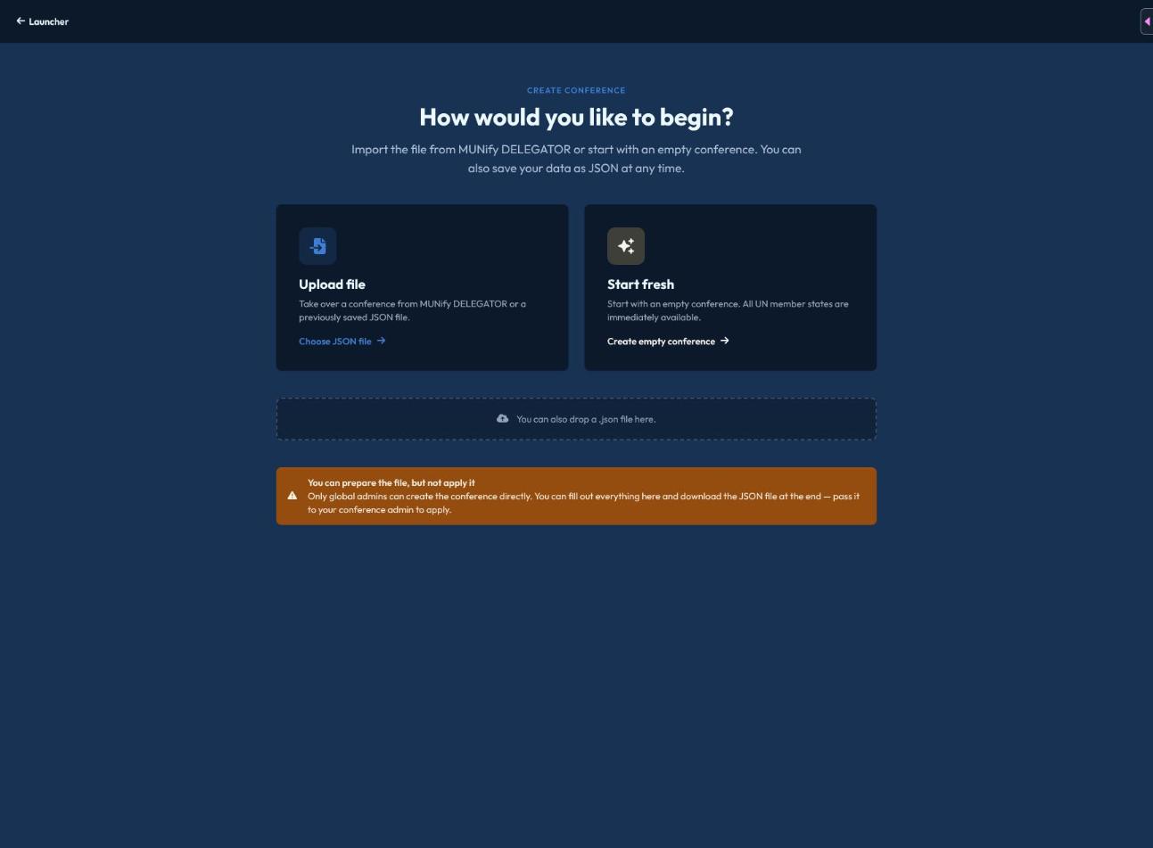 Der Bildschirm "Wie möchtest du beginnen?" mit den Optionen Datei hochladen und Neu beginnen, sowie dem Hinweis, dass nur Global-Admins die Konferenz direkt anlegen können